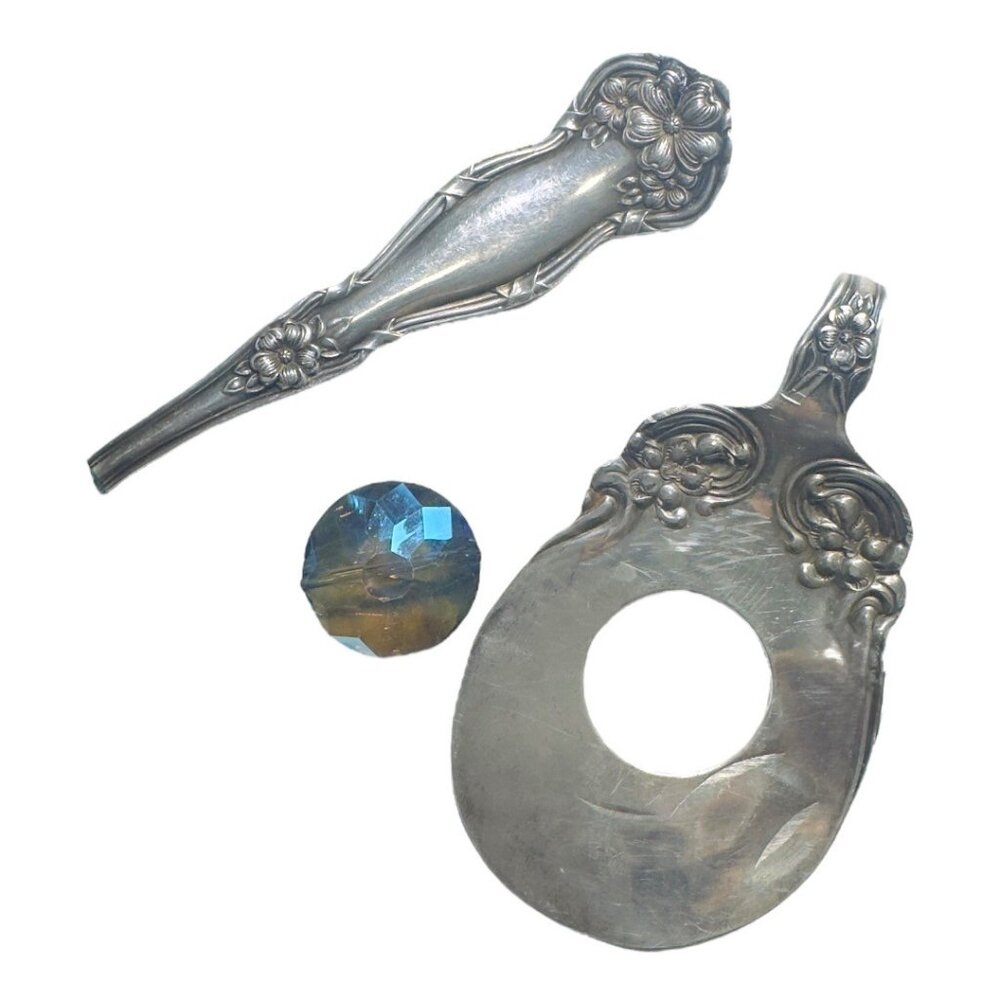 Vintage Daisy 1910 Silver Plated Spoon Pendant Necklace W/ Blue Crystal & Suede - Picture 9 of 12